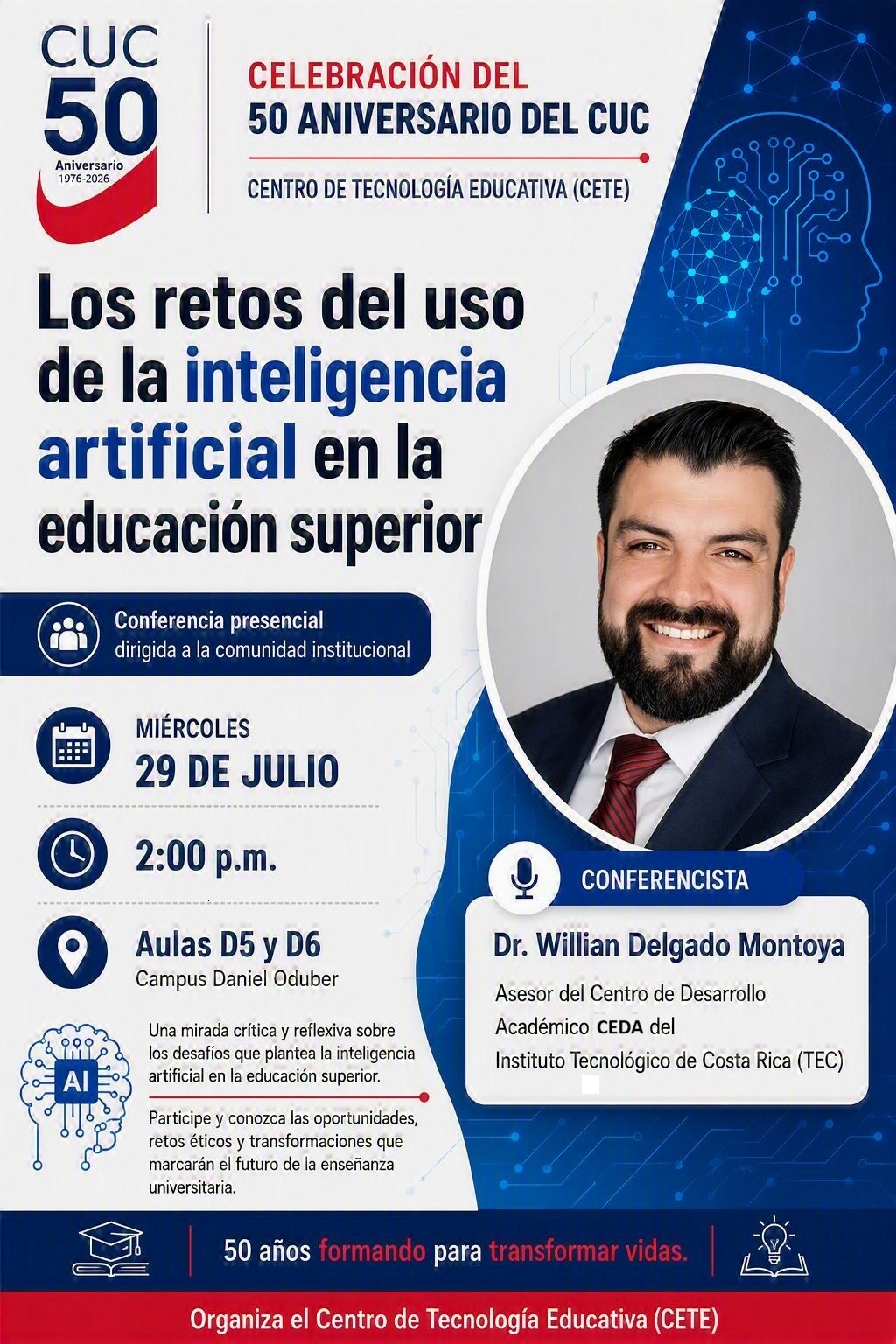 Afiche - Charla: Los retos del uso de la inteligencia artificial en la educación superior.